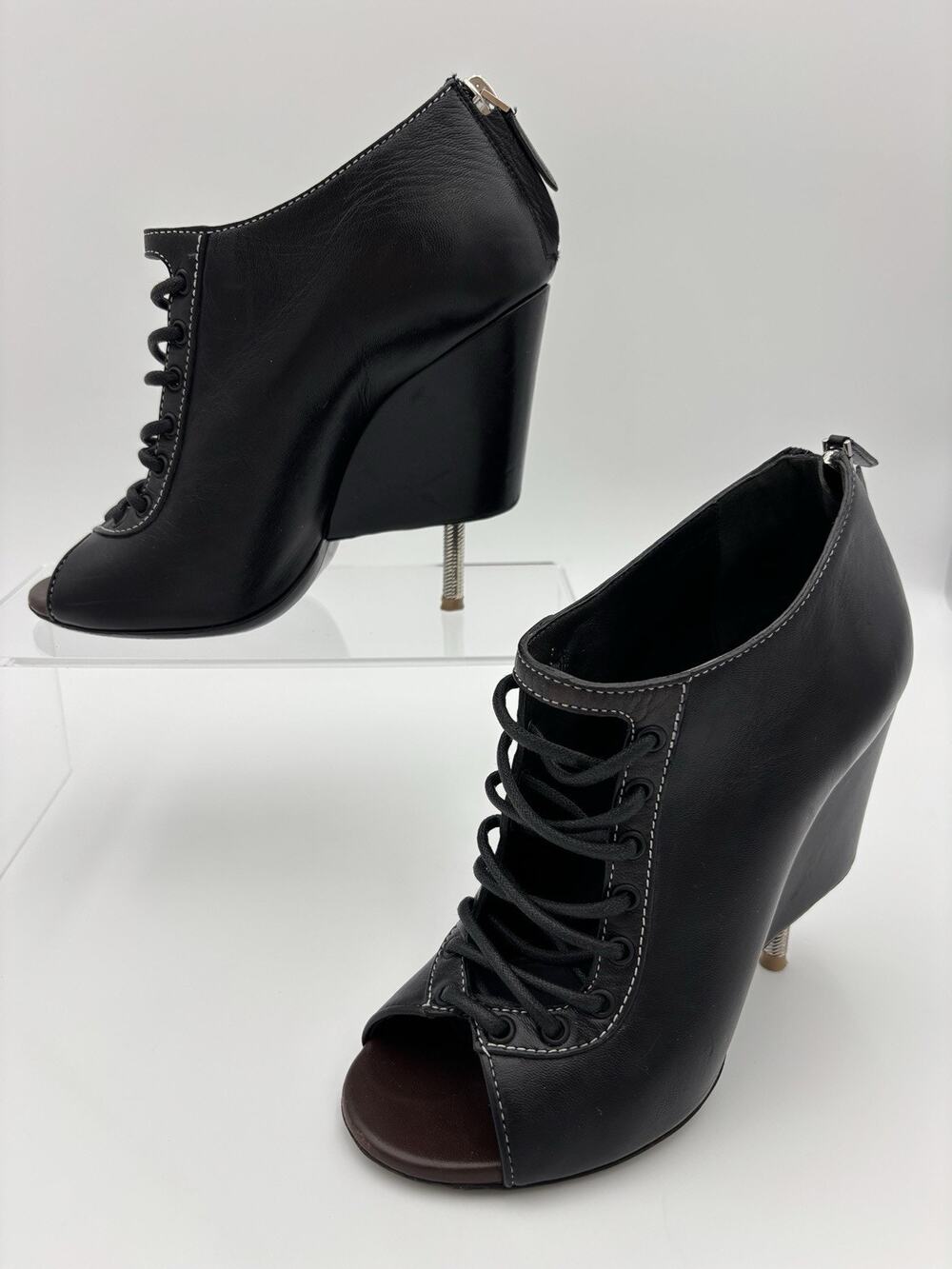 Givenchy Nissa Corset Screw Heel Pumps Black Leather Size 37 / 7 Lace Up Peeptoe